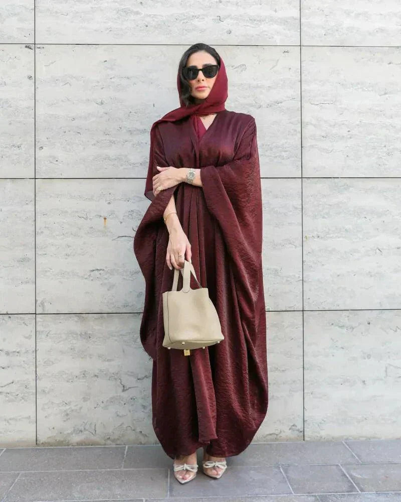 Luxurious freesize burgundy silk abaya with shimmering fabric and elegant drape for evening or daily wear - luxurious freesize abaya