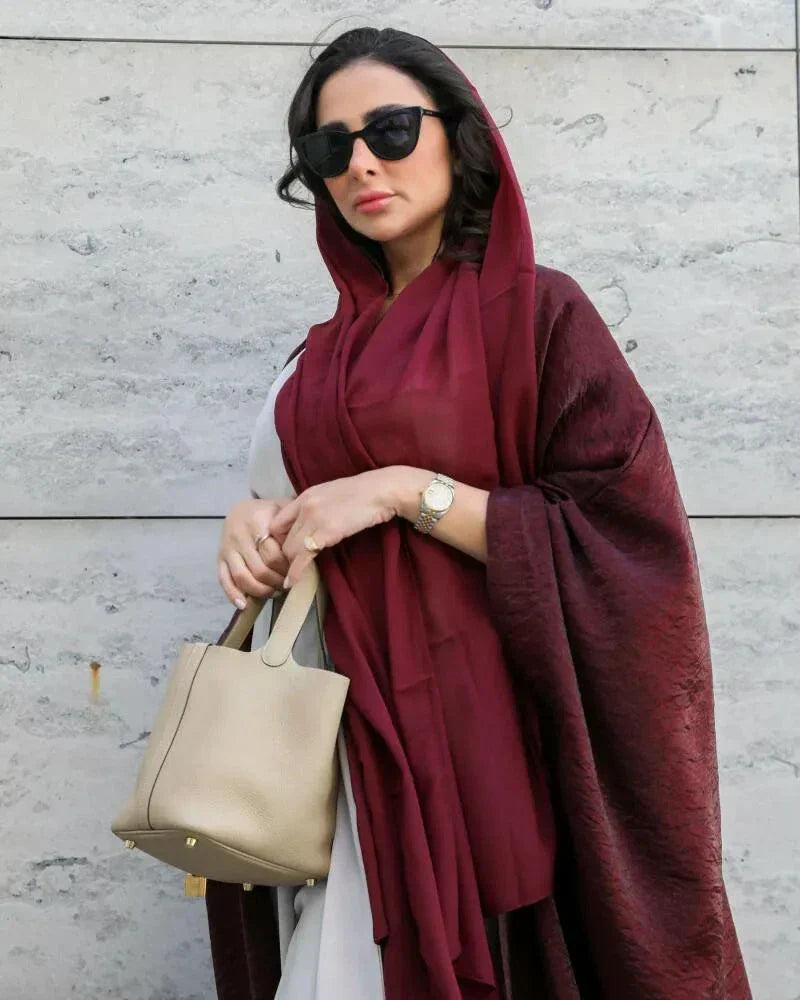 Luxurious freesize burgundy silk abaya with shimmering fabric and elegant drape for evening or daily wear - luxurious freesize abaya
