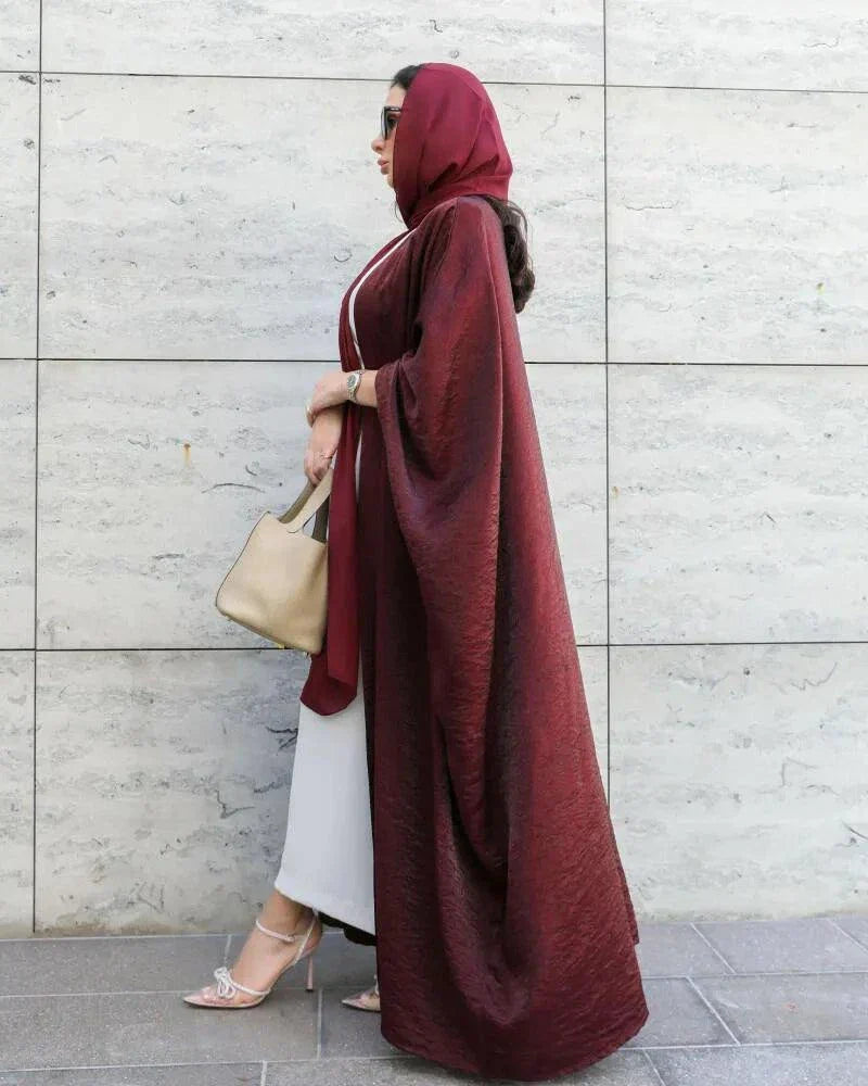 Luxurious freesize burgundy silk abaya with shimmering fabric and elegant drape for evening or daily wear - luxurious freesize abaya