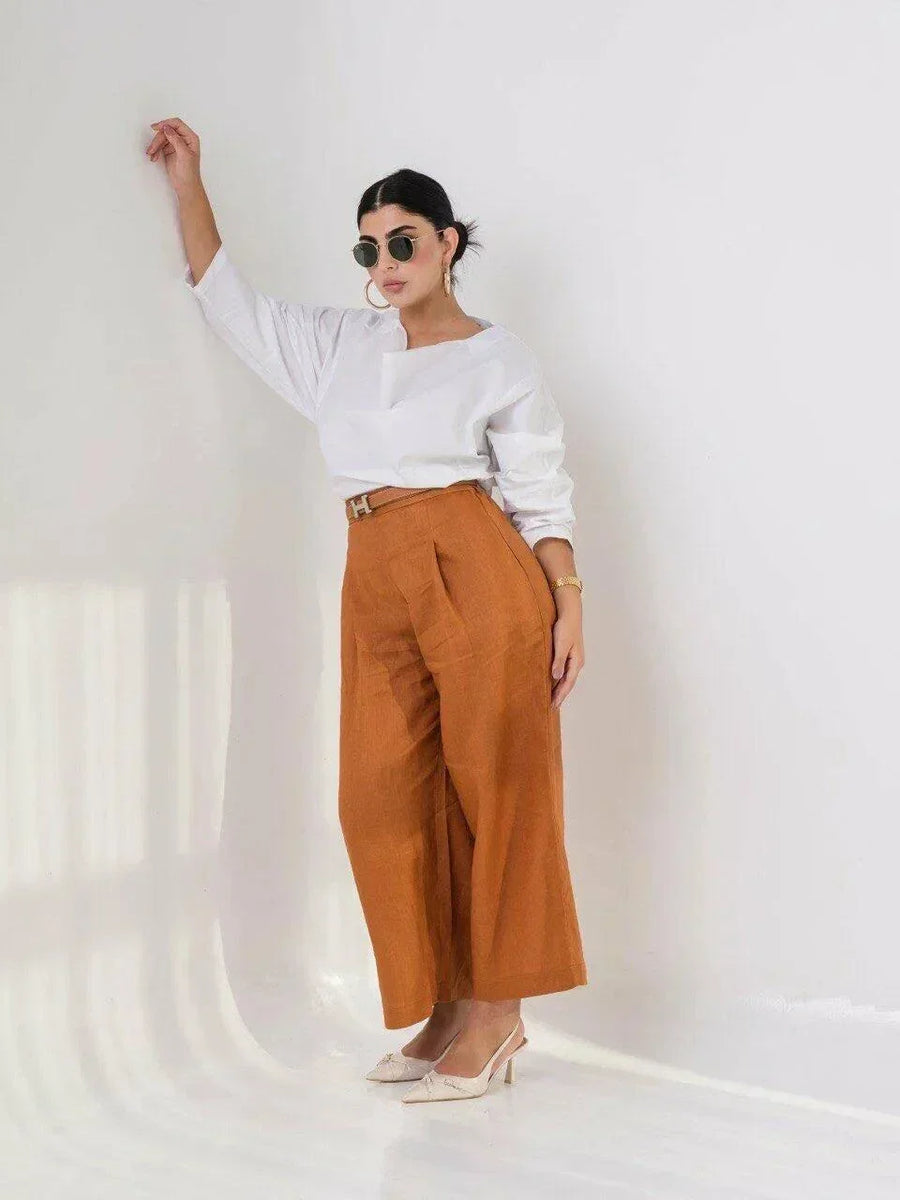 Wide-leg camel brown linen pants with high waist and side pockets for breathable comfort and style - Wide-leg linen pants