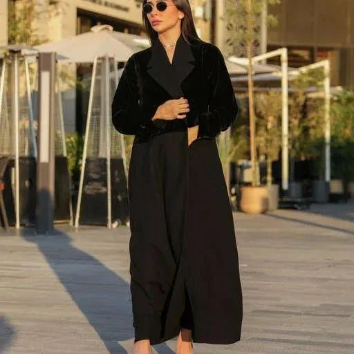 Elegant black Velvet Noir blazer-style abaya with velvet and crepe panels for a chic, flowing look