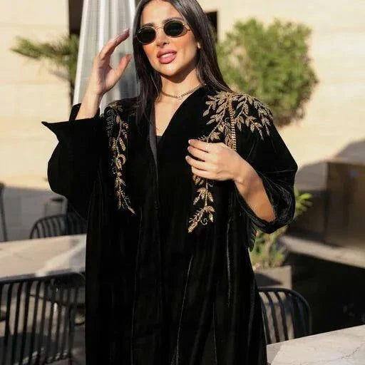 luxurious black velvet bisht with intricate gold hand embroidery and freesize cut for elegant special occasions