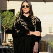 luxurious black velvet bisht with intricate gold hand embroidery and freesize cut for elegant special occasions