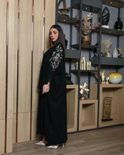 Black bisht with bronze hand embroidery on premium crepe fabric, loose fit for elegance and comfort.