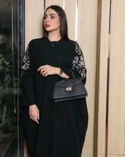 Black bisht with bronze hand embroidery on premium crepe fabric, loose fit for elegance and comfort.