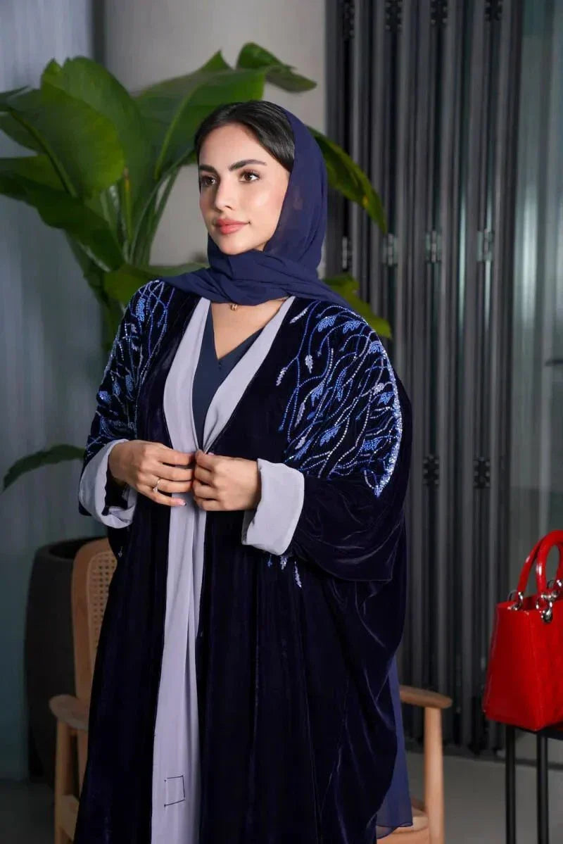 Elegant navy blue velvet bisht with bElegant navy blue velvet bisht with blue stone hand embroidery for formal occasions - Blue Irislue stone hand embroidery for formal occasions - Blue Iris