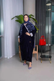 Elegant navy blue velvet bisht with blue stone hand embroidery for formal occasions - Blue Iris