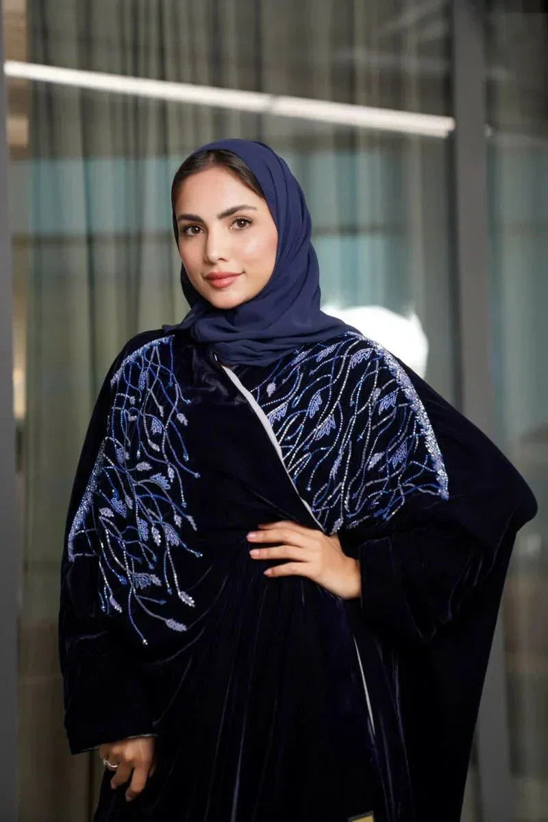 Elegant navy blue velvet bisht with blue stone hand embroidery for formal occasions - Blue Iris