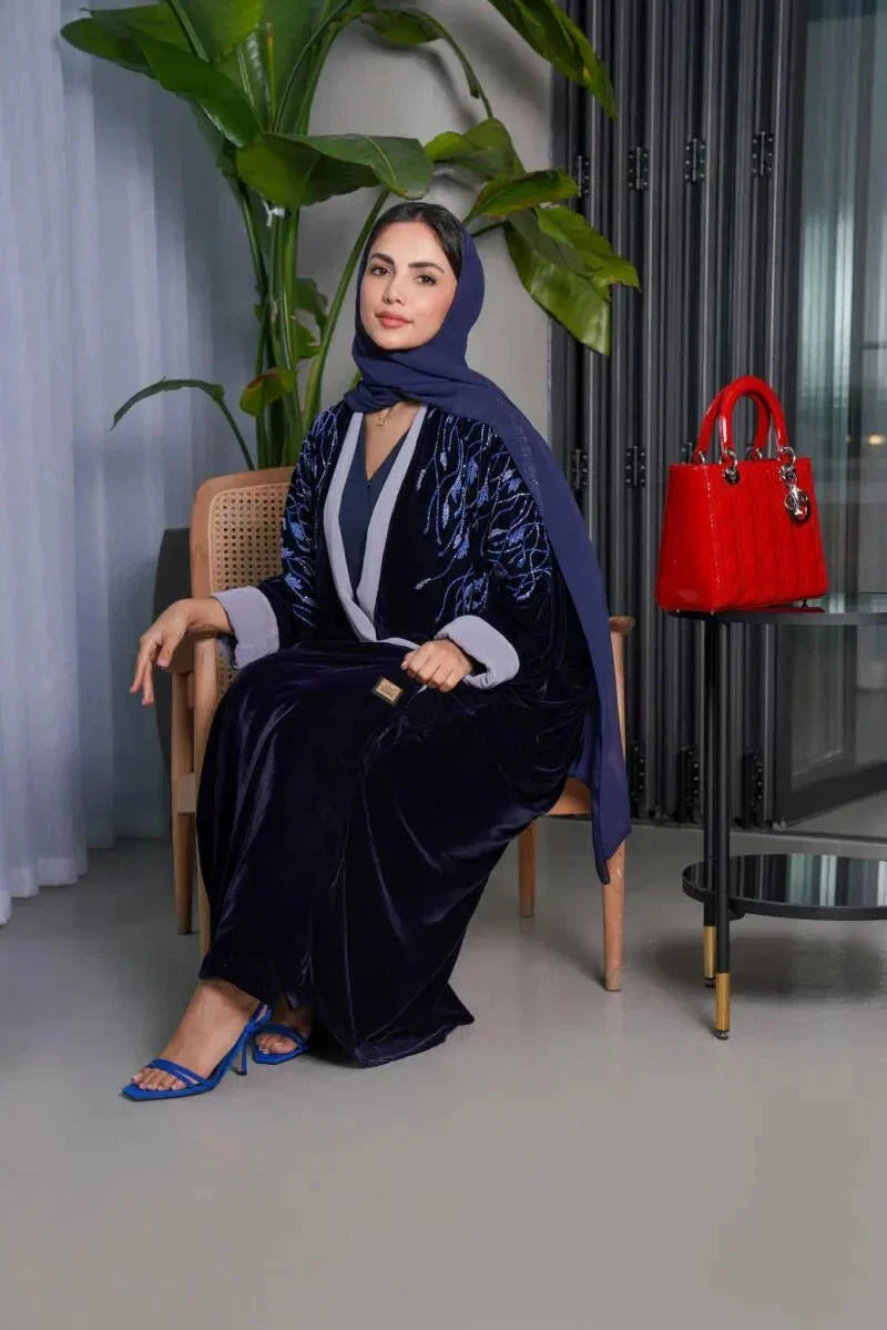 Elegant navy blue velvet bisht with blue stone hand embroidery for formal occasions - Blue Iris