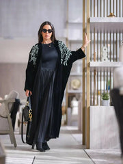 free-size black velvet bisht with hand-embroidered silver stones and loose fit for elegant occasions-free-size bisht