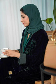 luxurious navy blue bisht abaya with green stone hand embroidery on back, free-size fit for elegance