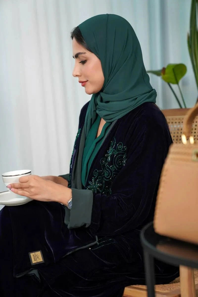 luxurious navy blue bisht abaya with green stone hand embroidery on back, free-size fit for elegance