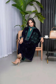 luxurious navy blue bisht abaya with green stone hand embroidery on back, free-size fit for elegance
