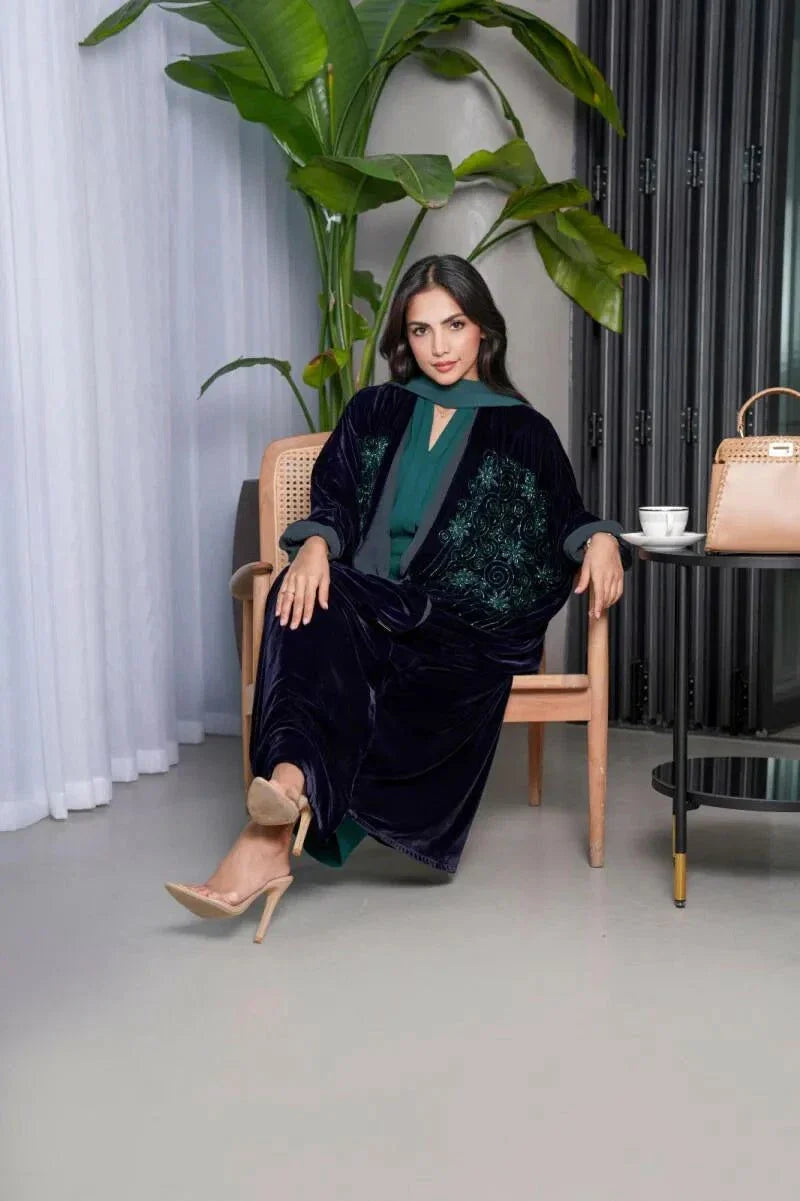 luxurious navy blue bisht abaya with green stone hand embroidery on back, free-size fit for elegance