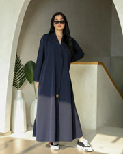 Cinder navy blue blazer-style abaya with sharp lapels and A-line cut in structured crepe fabric