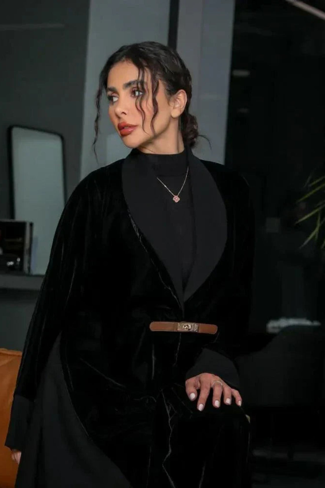 timeless black abaya with velvet panels and crepe base, blazer-style lapel, and slim waist belt for elegant evening wear
