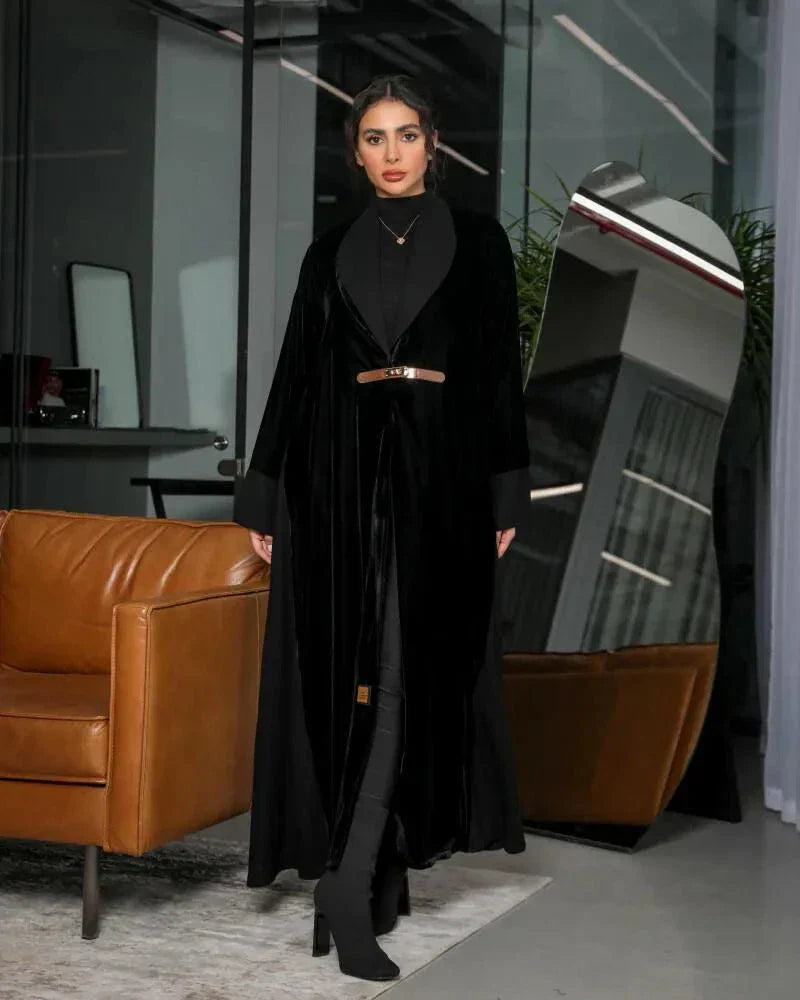 timeless black abaya with velvet panels and crepe base, blazer-style lapel, and slim waist belt for elegant evening wear