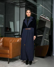 Elegant navy blue abaya with velvet blazer-style top and pleated crepe skirt, featuring a slim waist belt for formal wear