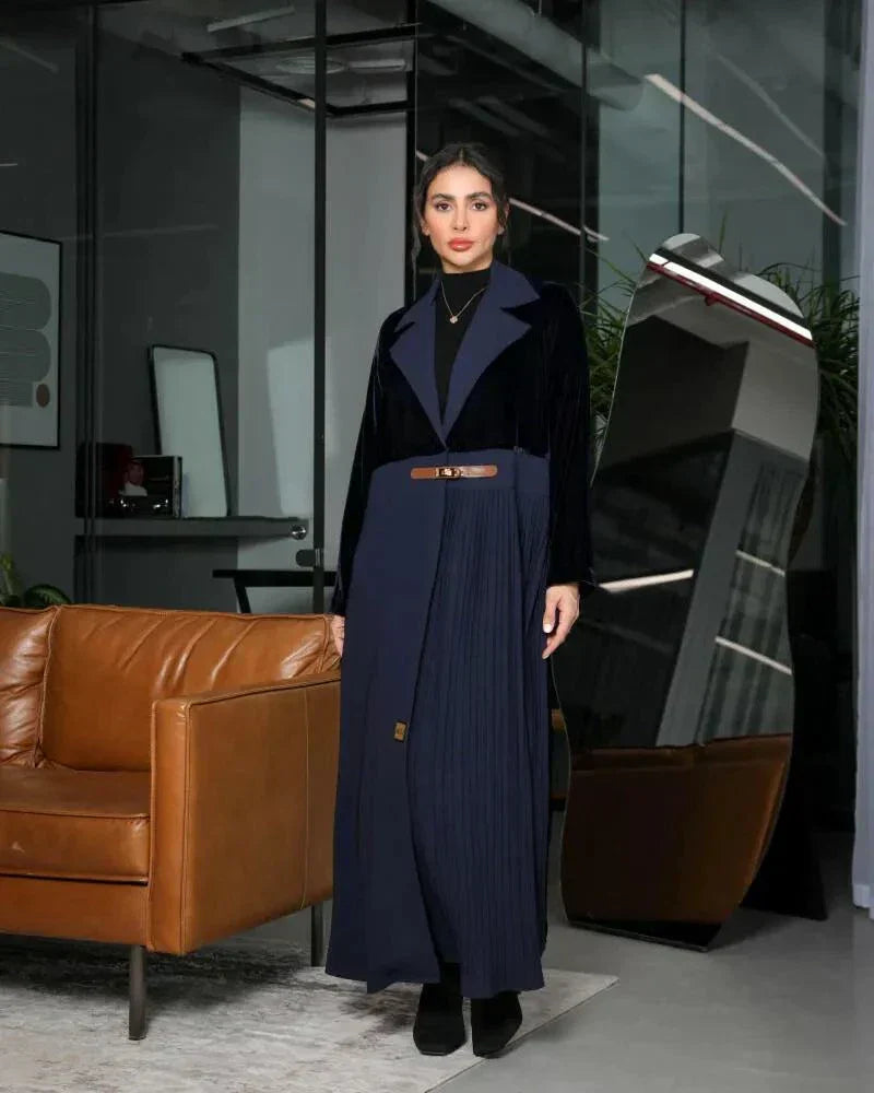 Elegant navy blue abaya with velvet blazer-style top and pleated crepe skirt, featuring a slim waist belt for formal wear