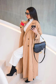 Caramel abaya in warm brown corduroy with double-breasted blazer style and long sleeves