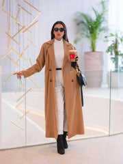 Caramel abaya in warm brown corduroy with double-breasted blazer style and long sleeves