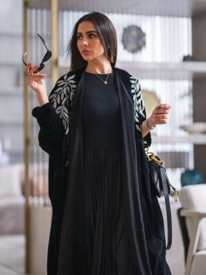 Elegant luxurious black velvet abaya with silver leaf embroidery on shoulders and sleeves