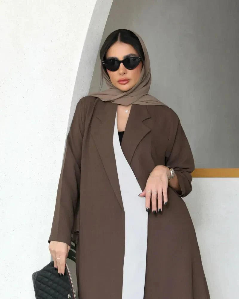 two-tone abaya with chocolate brown blazer-inspired design and off-white inner panel