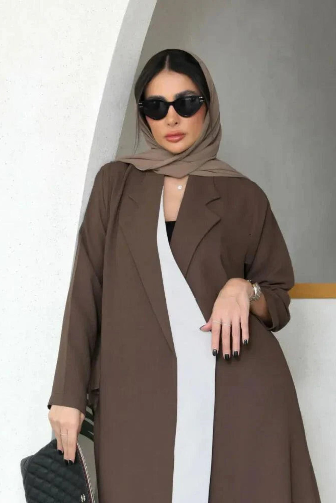 two-tone abaya with chocolate brown blazer-inspired design and off-white inner panel