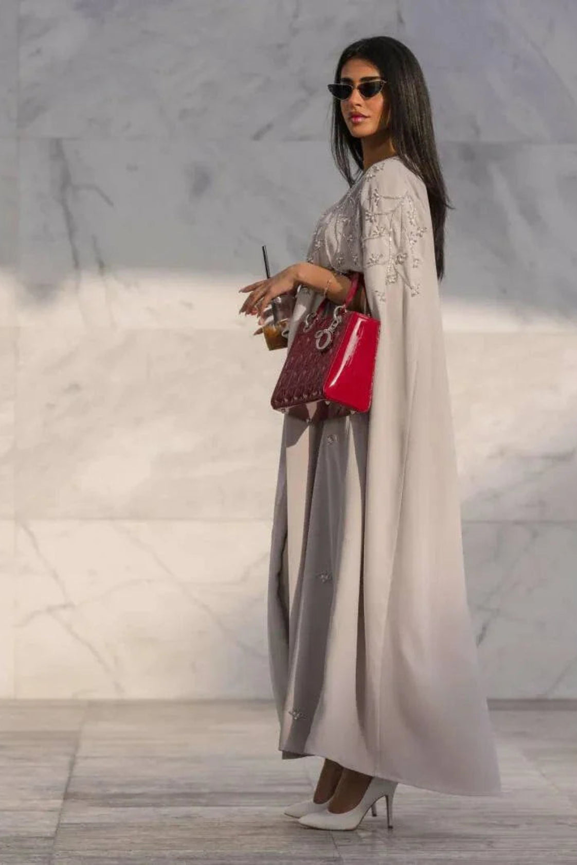 Light gray quartz cape-style abaya with tonal embroidery, open front, and flowy crepe fabric perfect for elegant layering