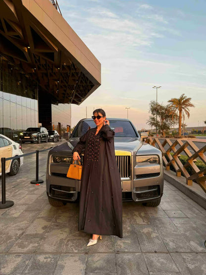Linen Black Abaya With Orange Embroidery