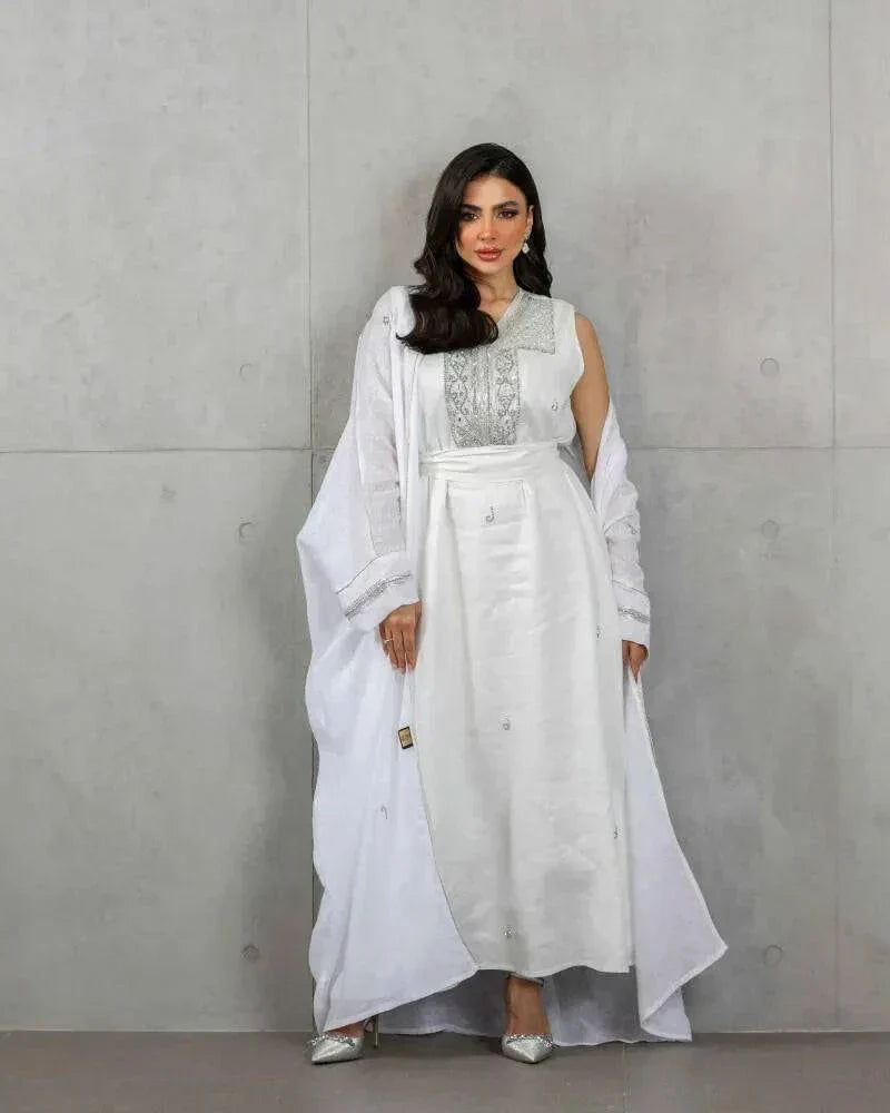 Alba white linen sleeveless top and skirt set with silver hand embroidery for elegant occasions