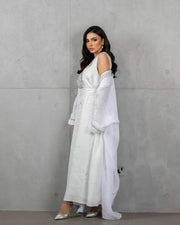 Alba white linen sleeveless top and skirt set with silver hand embroidery for elegant occasions
