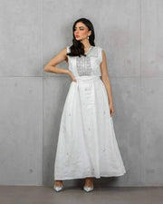 Alba white linen sleeveless top and skirt set with silver hand embroidery for elegant occasions