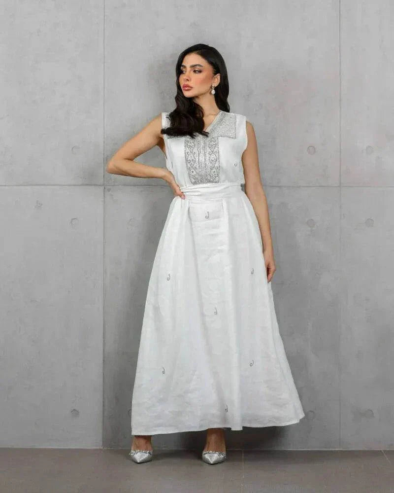 Alba white linen sleeveless top and skirt set with silver hand embroidery for elegant occasions