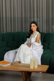 Alba white linen sleeveless top and skirt set with silver hand embroidery for elegant occasions