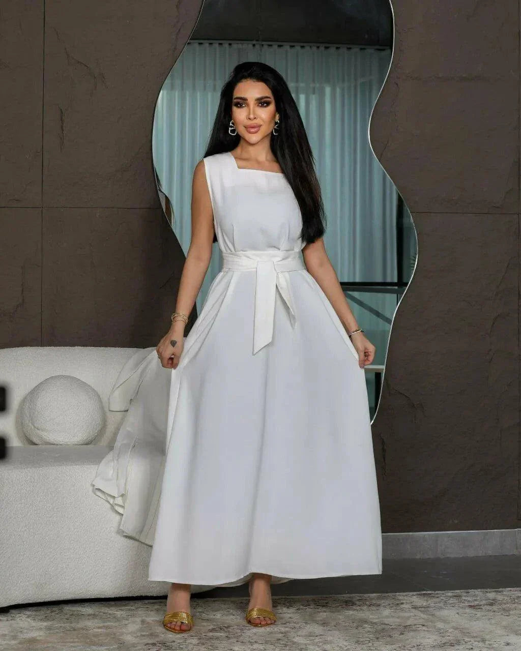 Elegant white crepe fabric dress with a flowing silhouette and waist tie belt - white dress
