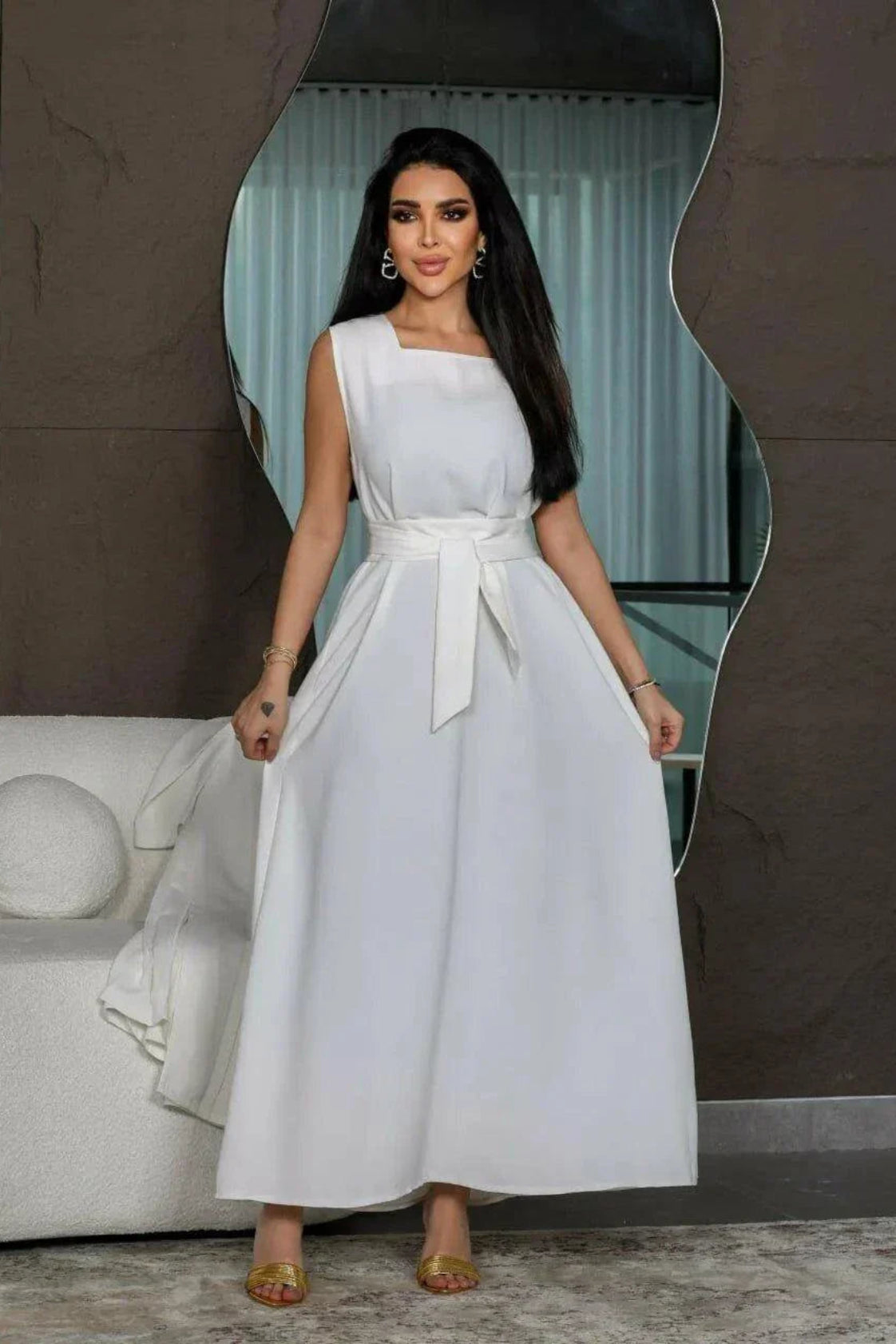 Elegant white crepe fabric dress with a flowing silhouette and waist tie belt - white dress