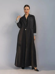 elegant black crepe abaya with structured collar, hidden buttons, and padded striped cuffs for modern chic look - black crepe abaya