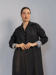 elegant black crepe abaya with structured collar, hidden buttons, and padded striped cuffs for modern chic look - black crepe abaya