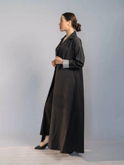 elegant black crepe abaya with structured collar, hidden buttons, and padded striped cuffs for modern chic look - black crepe abaya