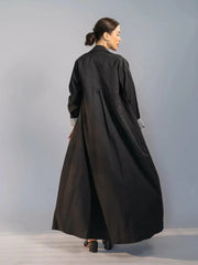 elegant black crepe abaya with structured collar, hidden buttons, and padded striped cuffs for modern chic look - black crepe abaya