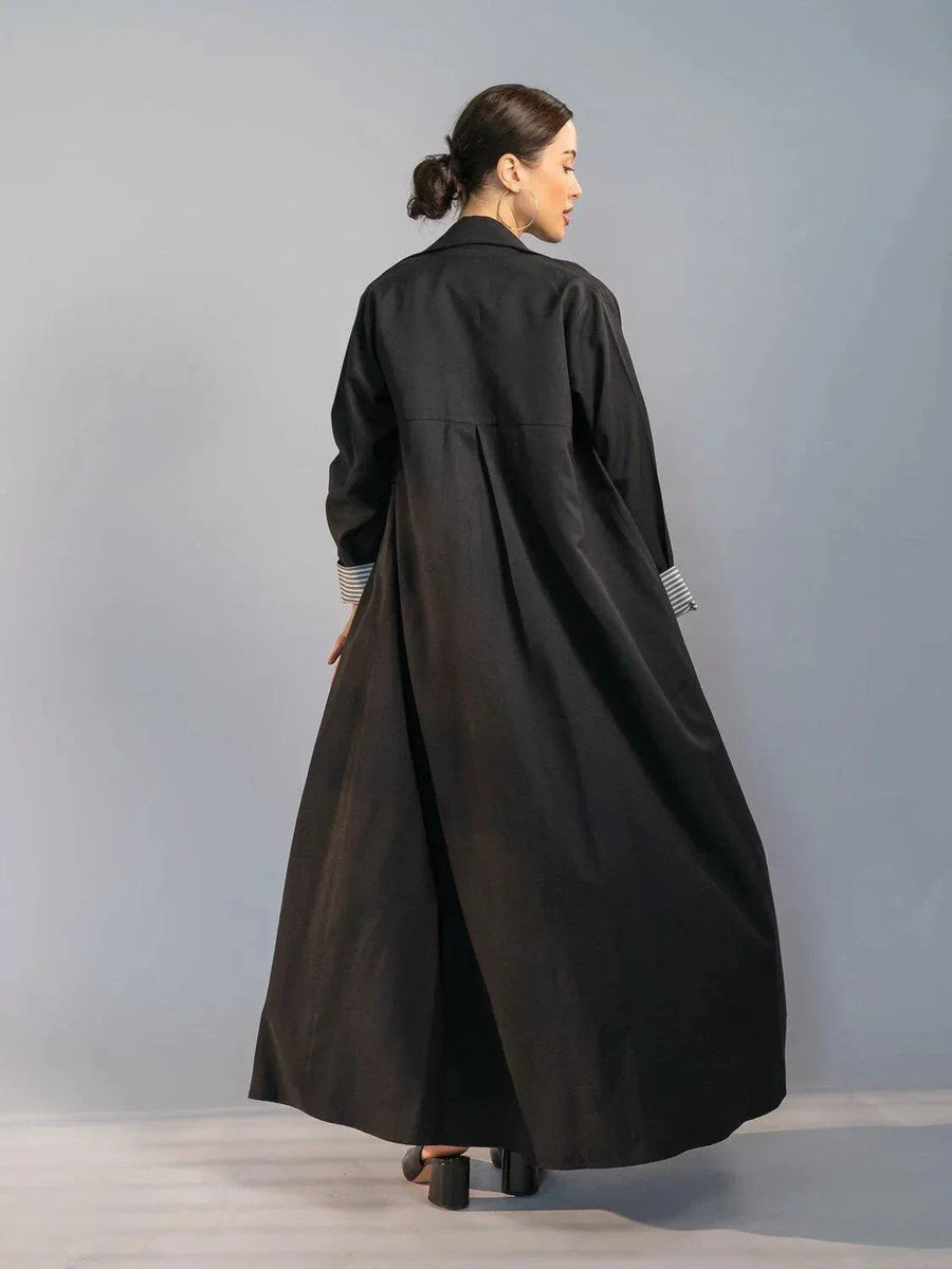 elegant black crepe abaya with structured collar, hidden buttons, and padded striped cuffs for modern chic look - black crepe abaya