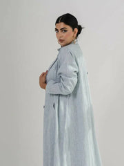 Full-length light blue linen coat with sharp lapel collar, double-breasted front, and side pockets, featuring a structured silhouette - full-length coat