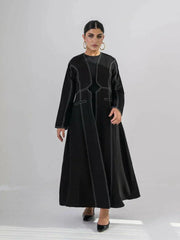 modern black crepe abaya with geometric contrast stitching and full-length silhouette