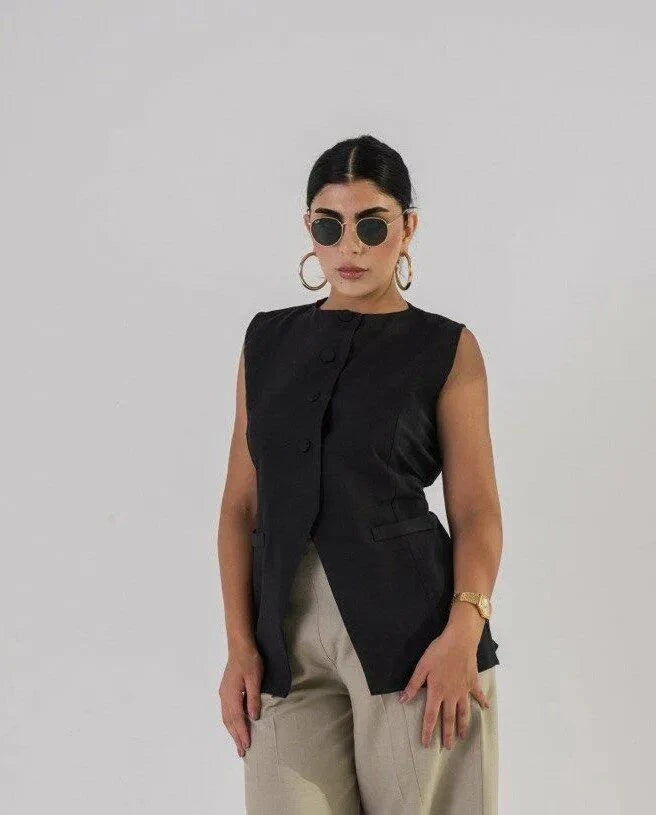 Long Black Crepe Vest