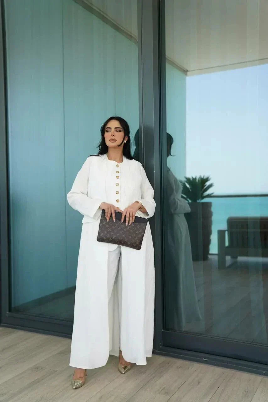 Elegant off-white linen blazer-style abaya with tailored cut and modern silhouette
