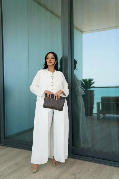 Elegant off-white linen blazer-style abaya with tailored cut and modern silhouette