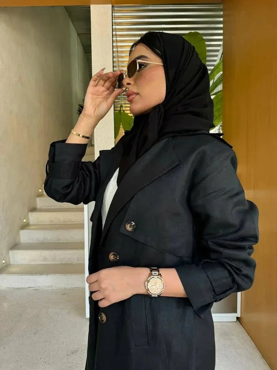 Elegant black linen blazer with a sharp silhouette, lightweight and perfect for smart-casual or everyday wear - black blazer