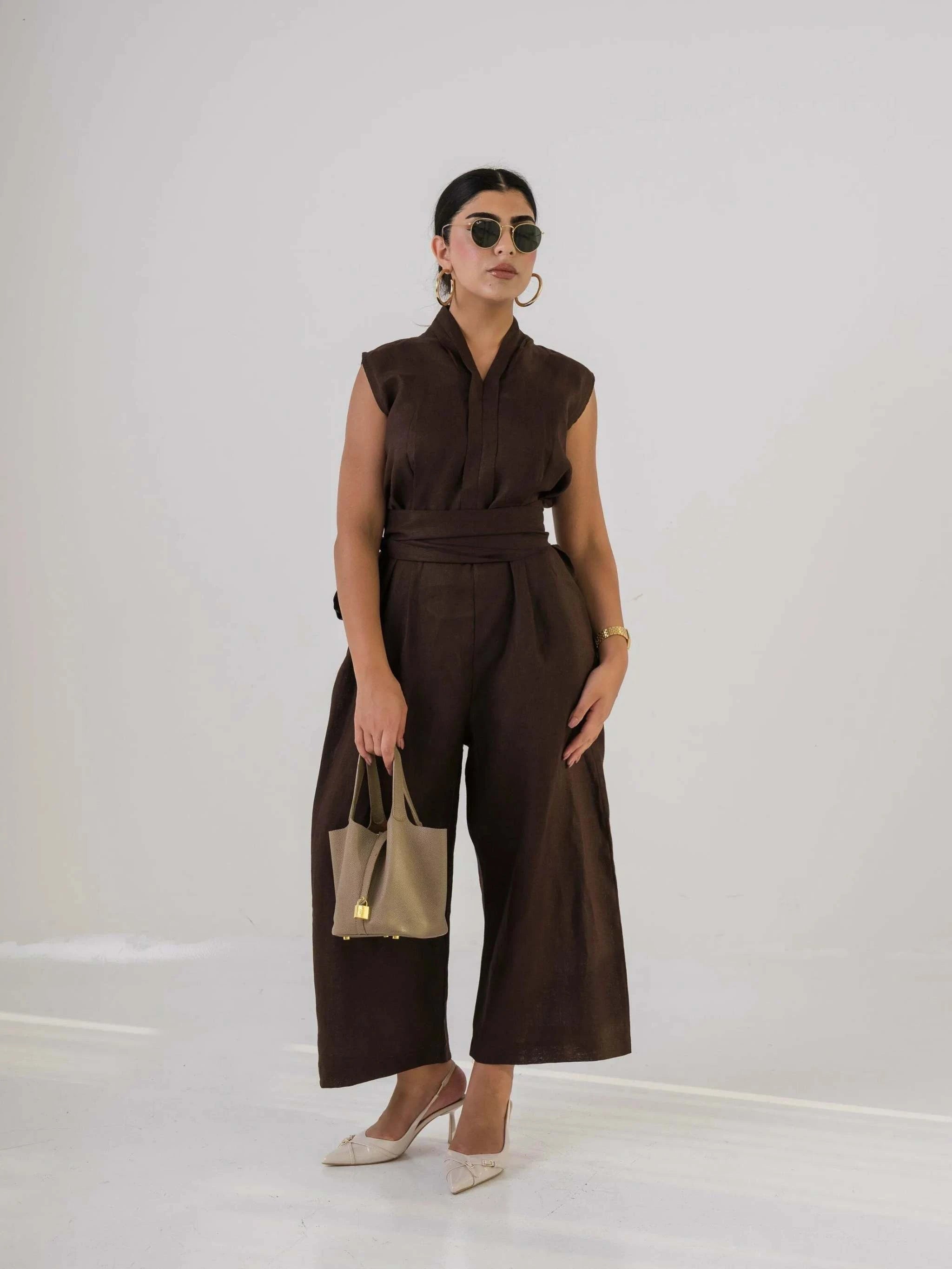 Dark Brown Linen Jumpsuit
