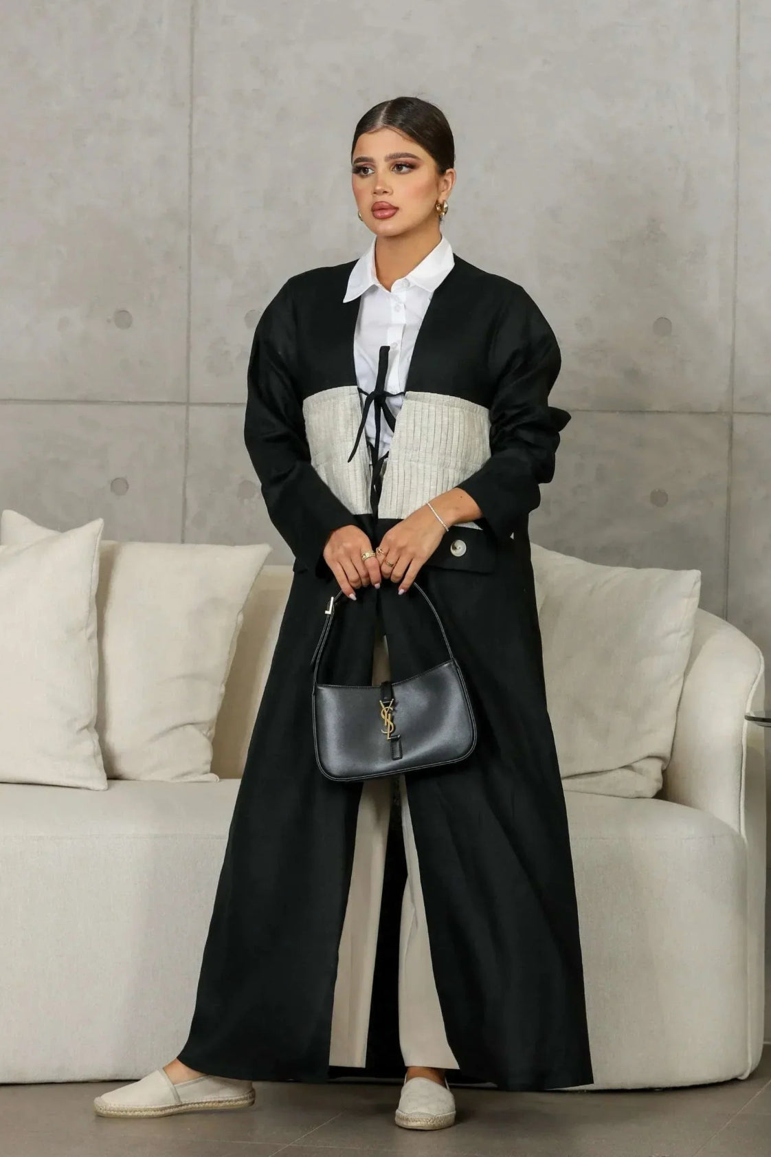 black linen abaya with beige striped panel and modern design